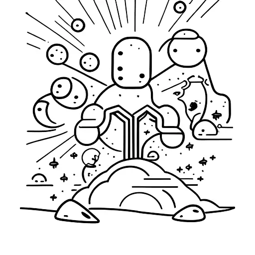 father crouching over wife and two kids to protect them from a meteor shower with rocks bouncing off his back tattoo design idea