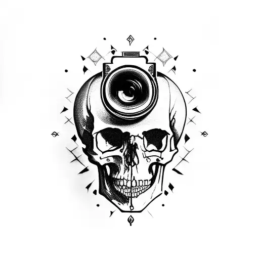 A gothic-inspired skull surrounded by musical notes and a camera lens tattoo design idea
