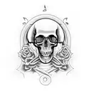 A gothic-inspired skull surrounded by musical notes and a camera lens tattoo design idea