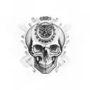 A gothic-inspired skull surrounded by musical notes and a camera lens tattoo design idea