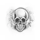 A gothic-inspired skull surrounded by musical notes and a camera lens tattoo design idea