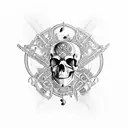 A gothic-inspired skull surrounded by musical notes and a camera lens tattoo design idea