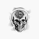 A gothic-inspired skull surrounded by musical notes and a camera lens tattoo design idea