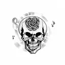 A gothic-inspired skull surrounded by musical notes and a camera lens tattoo design idea