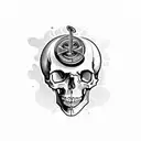 A gothic-inspired skull surrounded by musical notes and a camera lens tattoo design idea