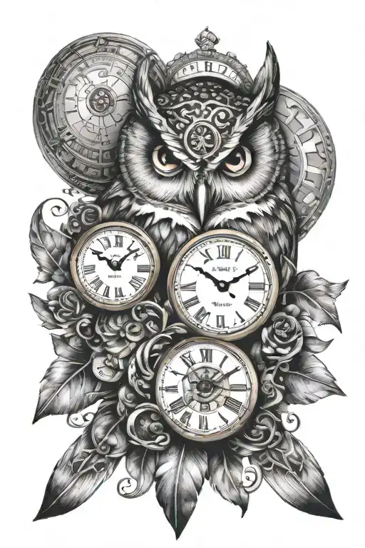 A pauldron tattoo in viking style containing an owl, and 2 clocks tattoo design idea