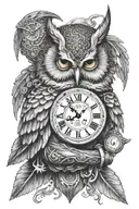 A pauldron tattoo in viking style containing an owl, and 2 clocks tattoo design idea