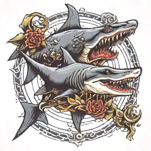 shark and crocodile swimming around sharkcage tattoo design idea