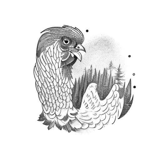 A blackwork tattoo of a person hiking up a mountain with a book in hand and a chicken following close behind tattoo design idea