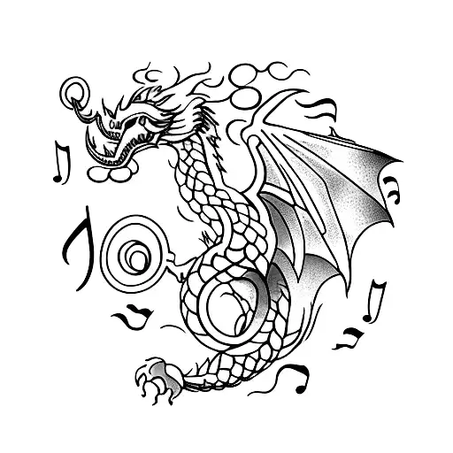 A minimalist tattoo of a music note forming the shape of a dragon, representing the client's passion for music and dragons. tattoo design idea