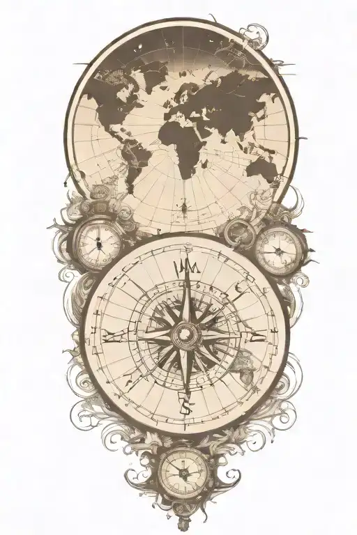 compass and pocket watch over world map outline tattoo tattoo design idea