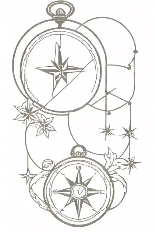 pocket watch and compass rose intertwined tattoo design idea