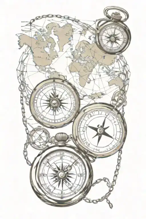 pocket watch and compass rose intertwined over world map tattoo design idea