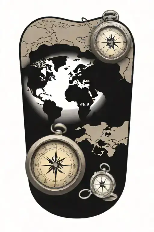 compass and pocket watch surrounded by map outline tattoo design idea