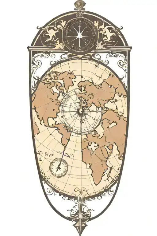 world map with compass rose intertwined with clock  tattoo design idea