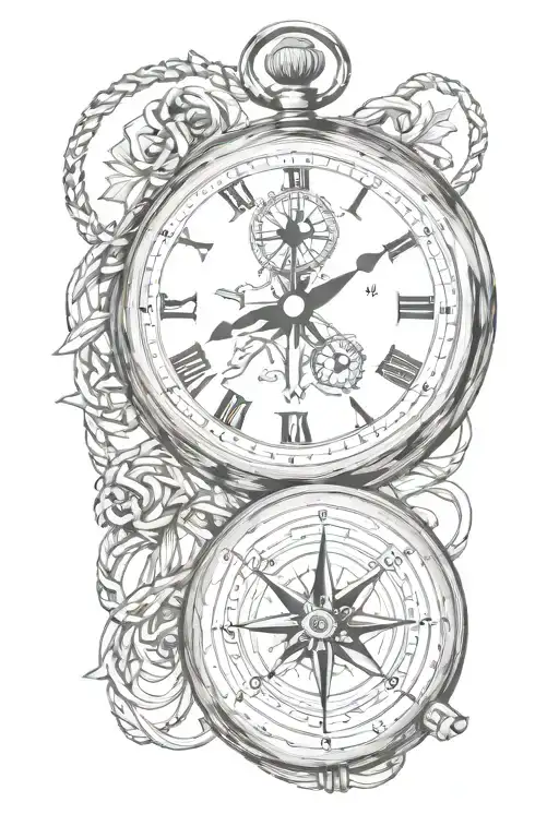 pocket watch and compass rose intertwined tattoo design idea