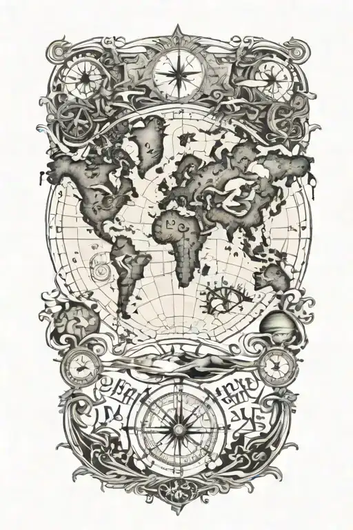 world map with compass rose intertwined tattoo design idea