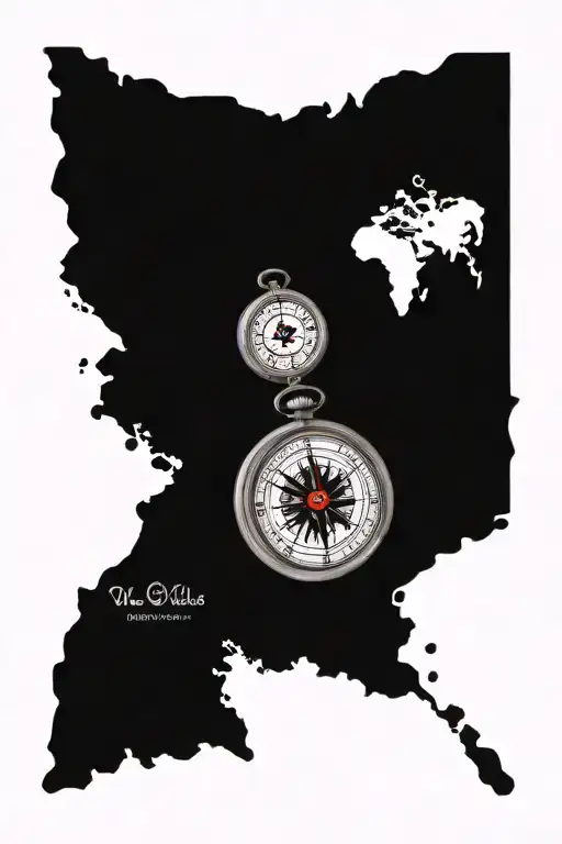 compass and pocket watch surrounded by map outline tattoo design idea
