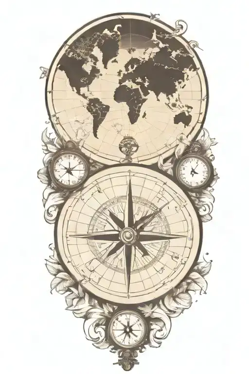 compass and pocket watch over world map outline tattoo tattoo design idea