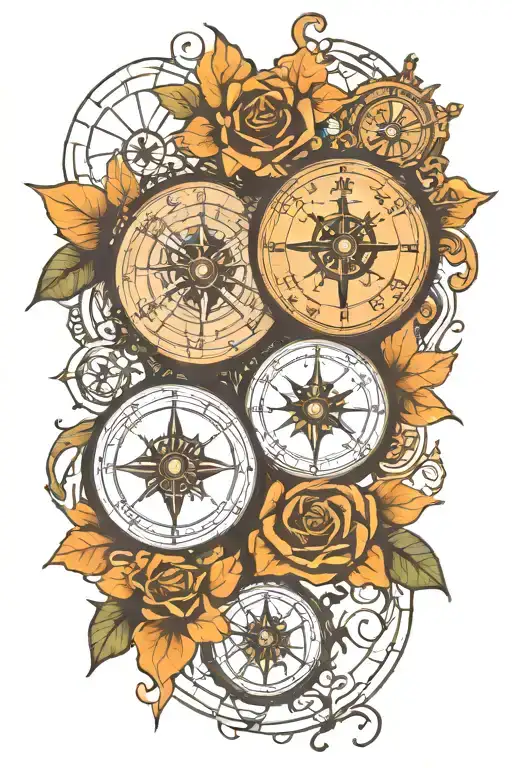 compass rose and clock on world map tattoo design idea