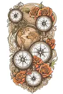 compass rose and clock on world map tattoo design idea