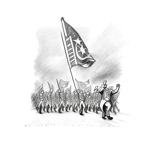 A sketch-style tattoo of a crowd of people marching with banners and flags, capturing the spirit of a socialist revolution tattoo design idea