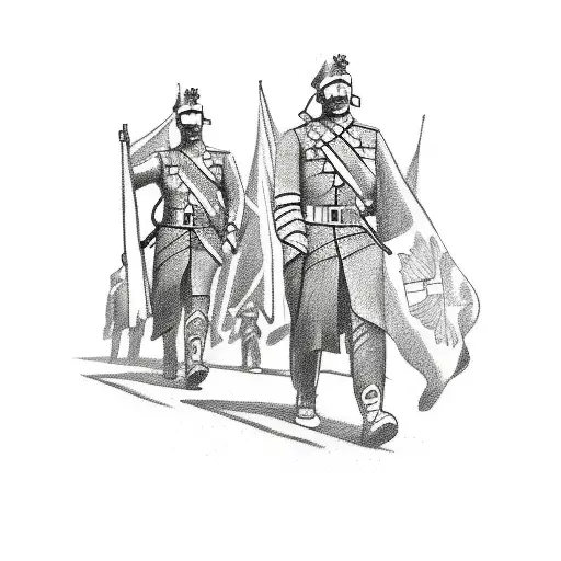 A sketch-style tattoo of a people marching with banners and flags, capturing the spirit of a socialist revolution tattoo design idea