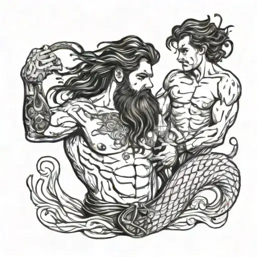 merman with a leather harness and holding a the harness of a another merman gay sexual hot  tattoo design idea