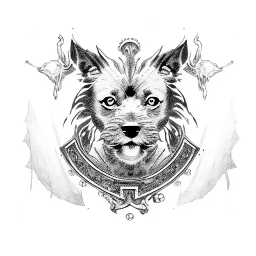 Patterdale terrier dog. Greek and Roman mythology. strong powerful lion. tattoo design idea