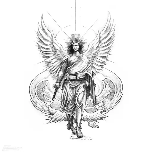 design forearm tattoo based on archangel Michael, being cared from above, overcoming addictions tattoo design idea