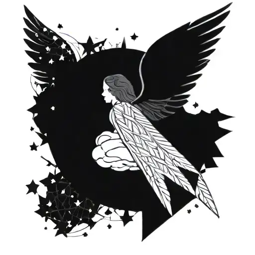 A fallen angel with wings made of intricate geometric patterns, soaring through a starry night sky tattoo design idea