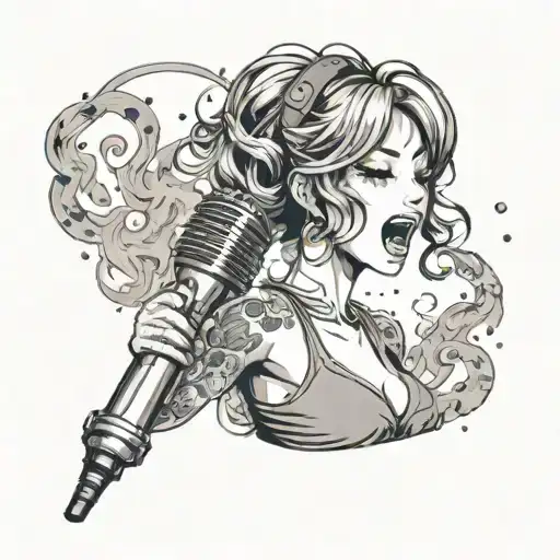 A tattoo of a sultry anime character holding a microphone and singing passionately, with smoke swirling around them tattoo design idea