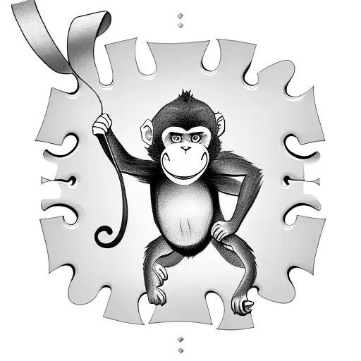 Design a tattoo featuring a monkey holding a puzzle piece with a question mark, set in a sunny backdrop tattoo design idea
