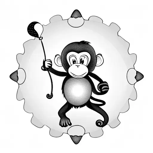 monkey holding a puzzle piece with a question mark on it and a balloon, with the sun behind it tattoo design idea