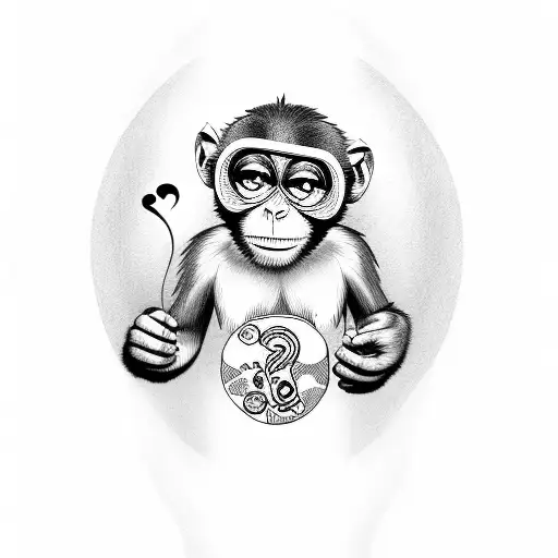 monkey holding a puzzle piece with a question mark on it and a balloon, with the sun behind it tattoo design idea