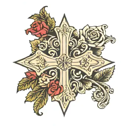 Byzantine cross with a rose with the name KC in cursive in it tattoo design idea