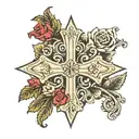 Byzantine cross with a rose with the name KC in cursive in it tattoo design idea