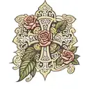 Byzantine cross with a rose with the name KC in cursive in it tattoo design idea