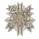 Byzantine cross with a rose with the name KC in cursive in it tattoo design idea