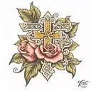 Byzantine cross with a rose with the name KC in cursive in it tattoo design idea