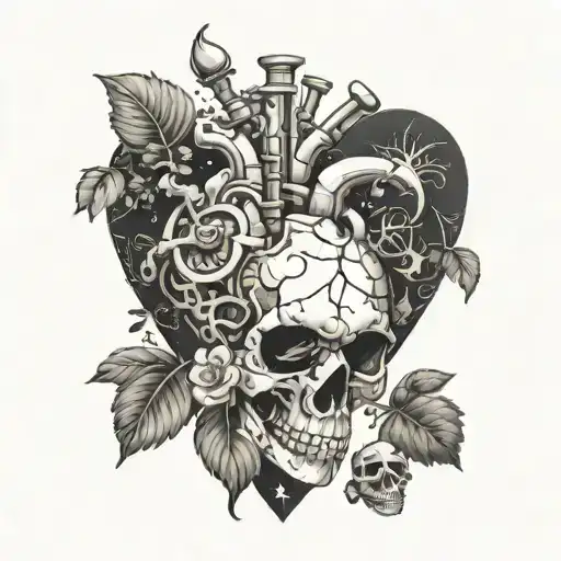 A biomechanical heart with a skull and crossbones design, surrounded by outdoor scenery tattoo design idea