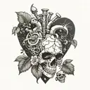 A biomechanical heart with a skull and crossbones design, surrounded by outdoor scenery tattoo design idea