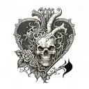 A biomechanical heart with a skull and crossbones design, surrounded by outdoor scenery tattoo design idea