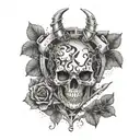 A biomechanical heart with a skull and crossbones design, surrounded by outdoor scenery tattoo design idea