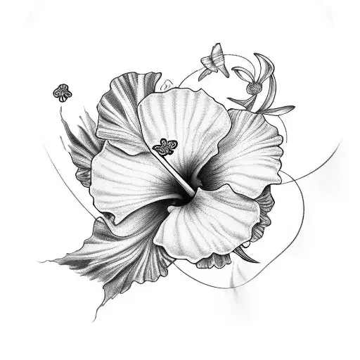A beautiful hibiscus flower intertwined with a delicate hummingbird hovering around the Cross of God tattoo design idea