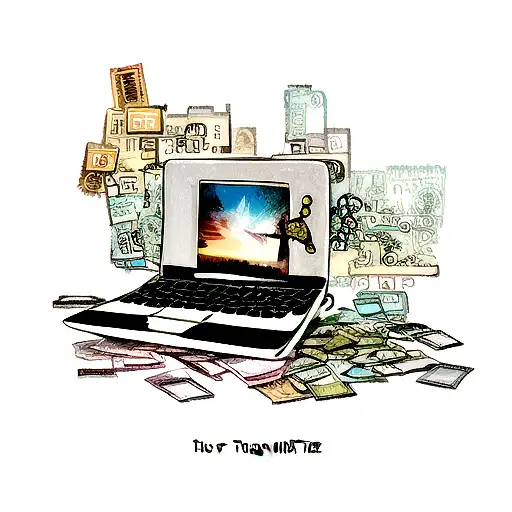 I want a mixed tattoo that combines travel, love, loner, laptop, money, depression, anxiety, karma, overthinking, artist tattoo design idea