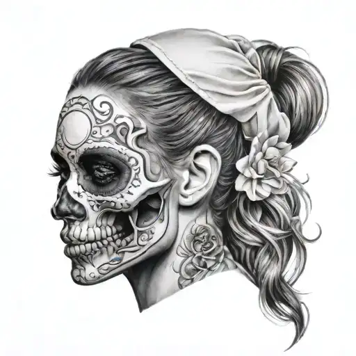 girl with half face skull tattoo design idea