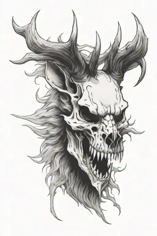 werewolf and deer skull wendigo skull breathing tattoo design idea