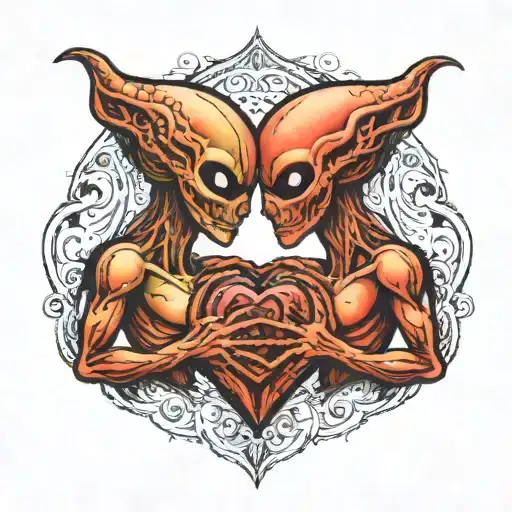 2 aliens facing each other in the shape of a heart  tattoo design idea