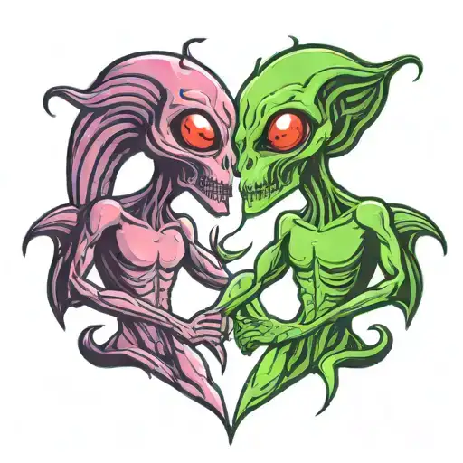 2 aliens facing each other in the shape of a heart  tattoo design idea